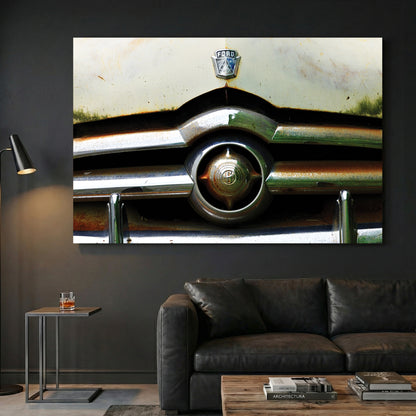 Rustic Ford Grille canvas wall art print displayed in a styled living room
