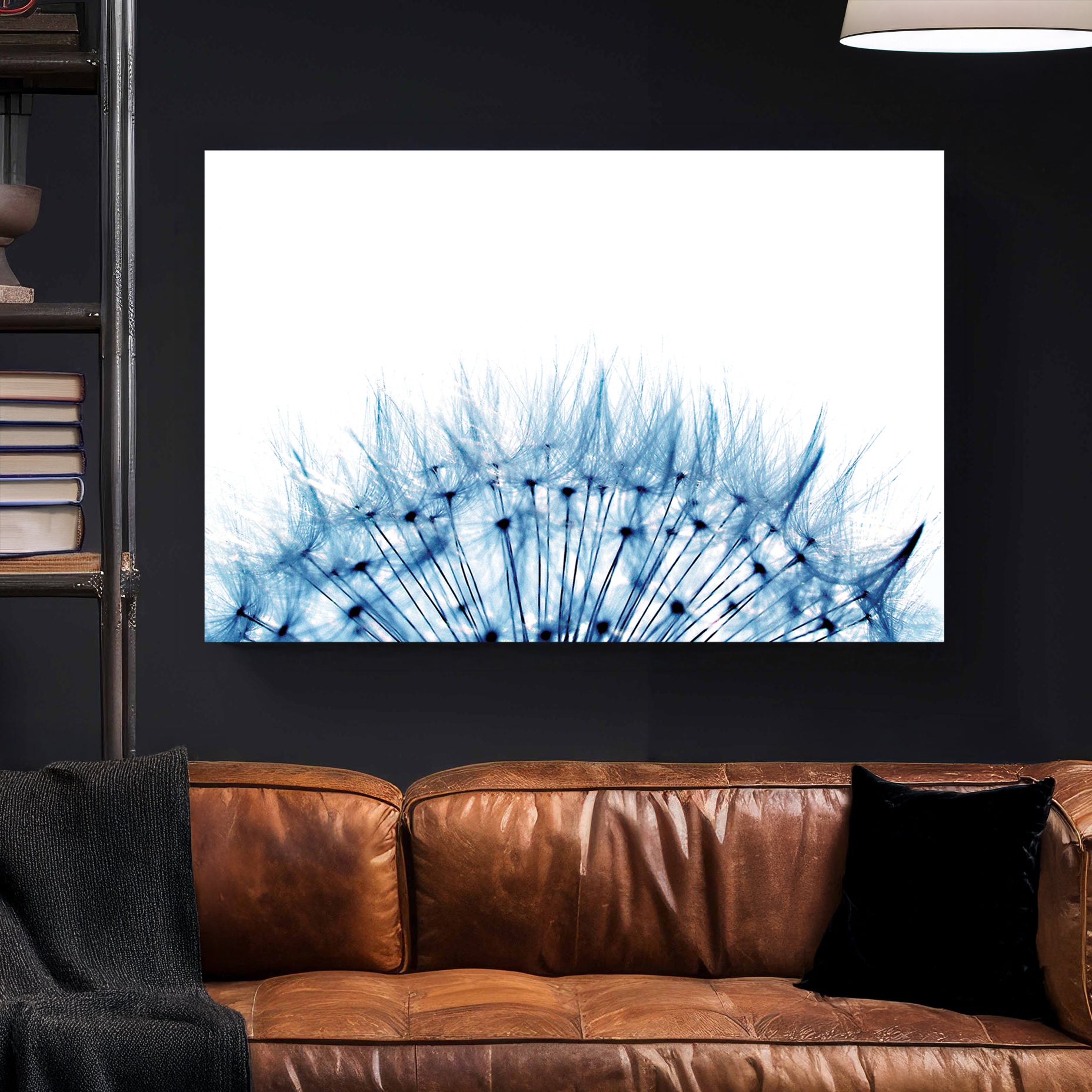 Blue Dandelion canvas wall art print styled in a modern interior