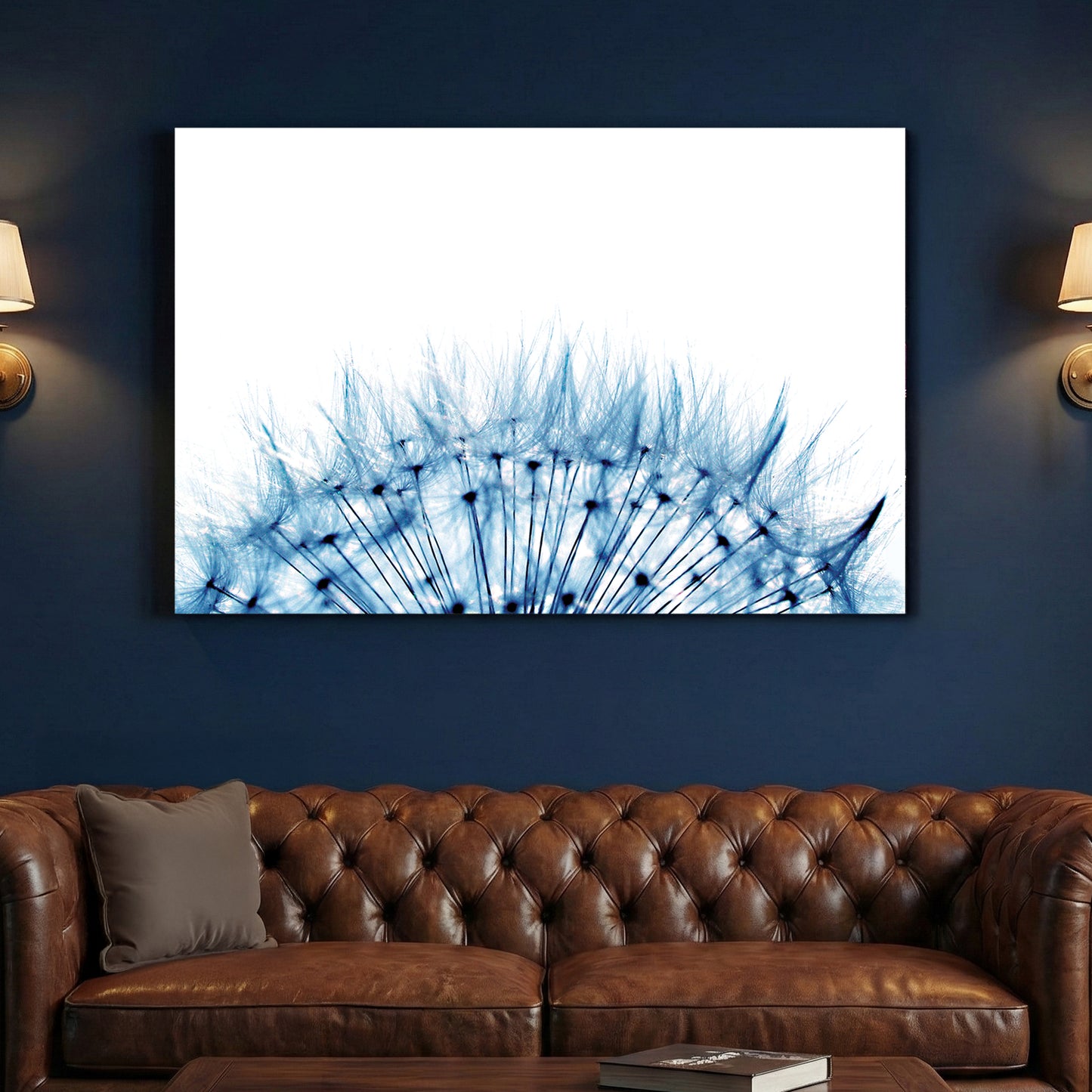 Blue Dandelion canvas wall art print above a sofa in a contemporary living room