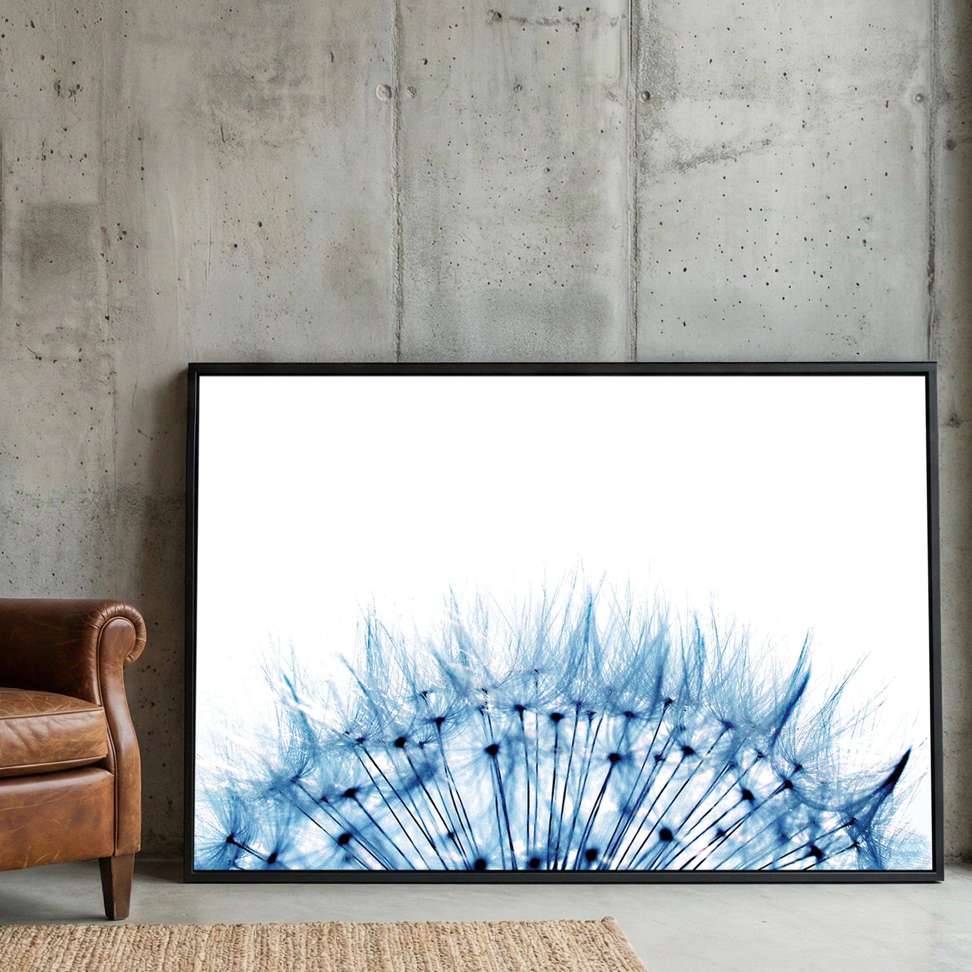 Blue Dandelion framed canvas wall art print in a gallery-style display