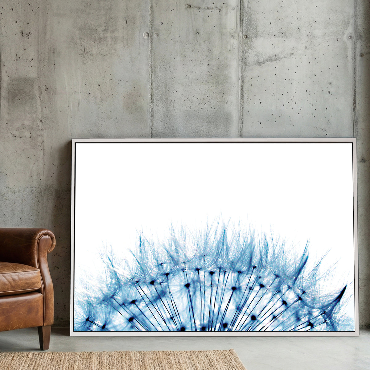 Blue Dandelion canvas wall art print displayed in a styled living room