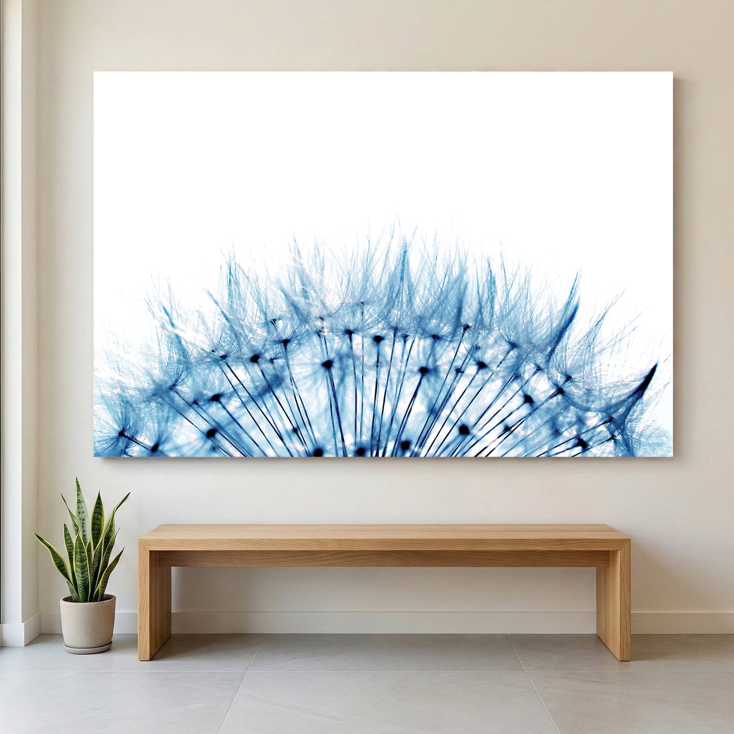Blue Dandelion canvas wall art print displayed in a styled living room