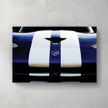 Deep blue Dodge Viper front with white racing stripes and the viper-head badge, glossy and low — canvas wall art print