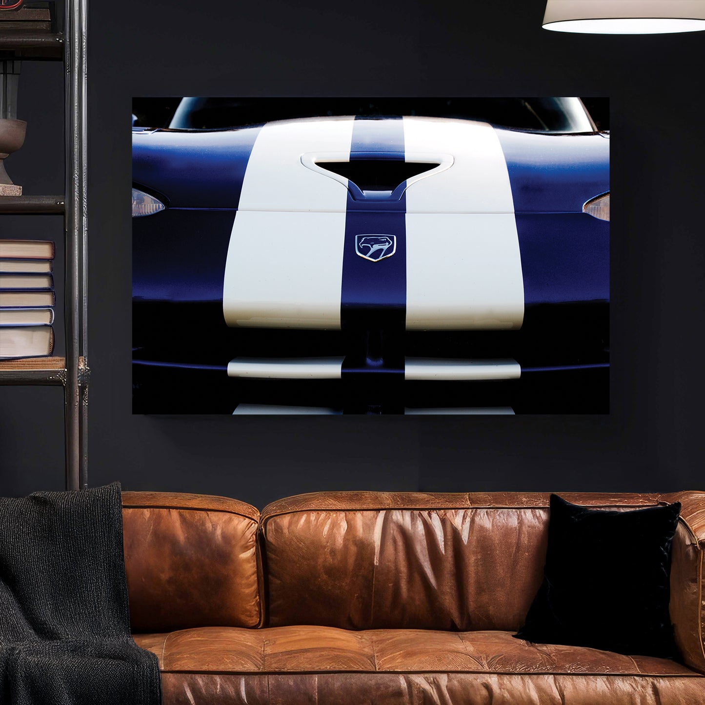 Blue Dodge Viper canvas wall art print styled in a modern interior