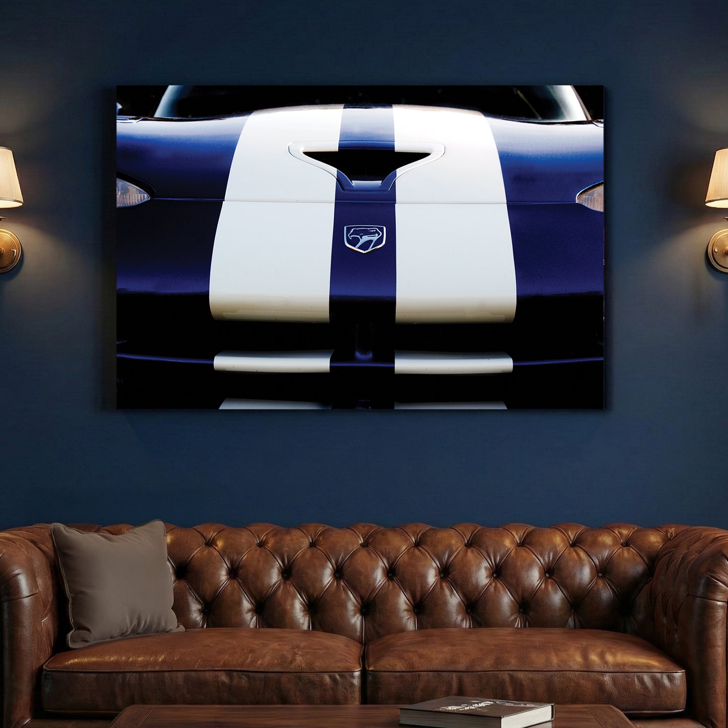 Blue Dodge Viper canvas wall art print above a sofa in a contemporary living room