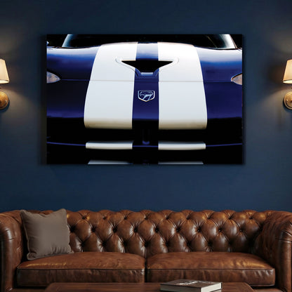 Blue Dodge Viper canvas wall art print above a sofa in a contemporary living room