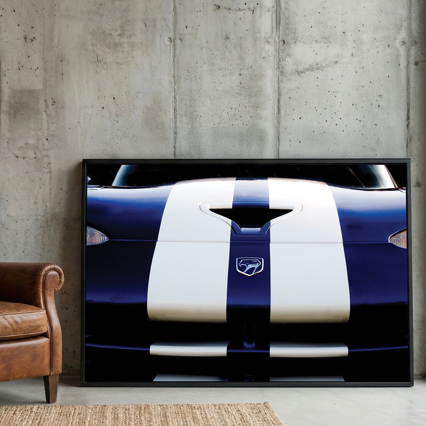 Blue Dodge Viper framed canvas wall art print in a gallery-style display