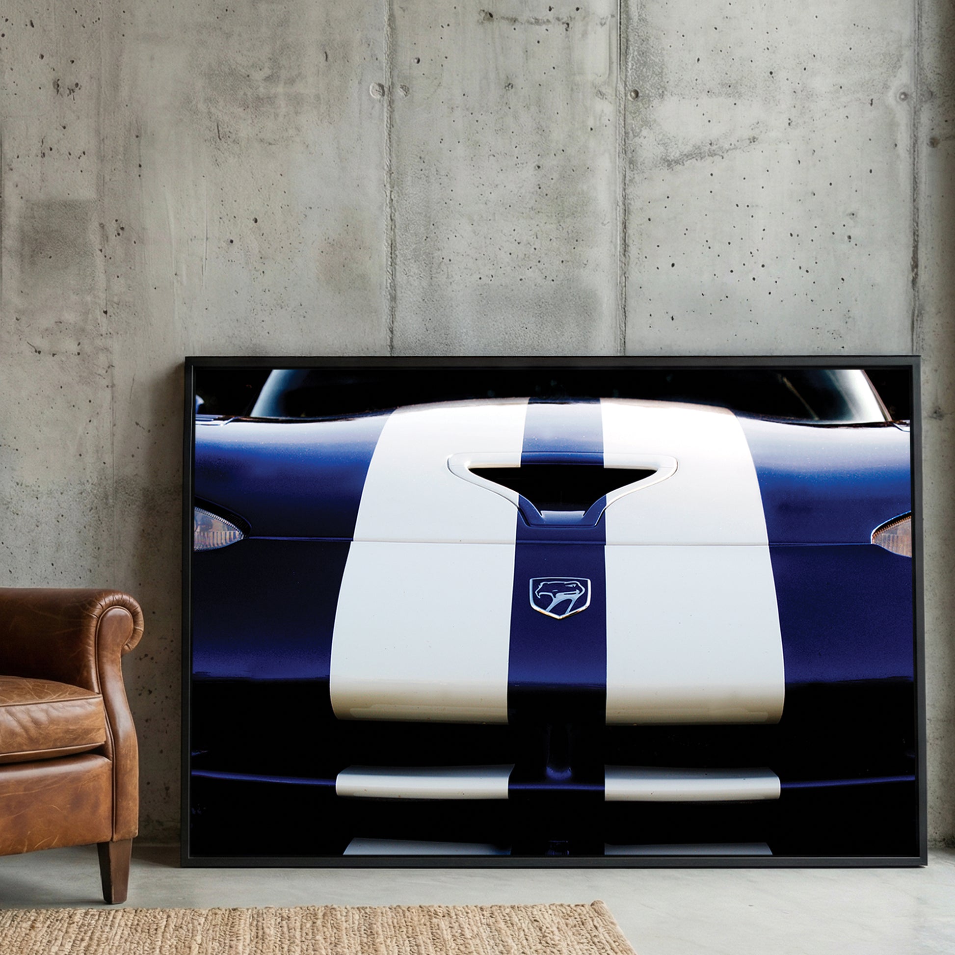 Blue Dodge Viper framed canvas wall art print in a gallery-style display