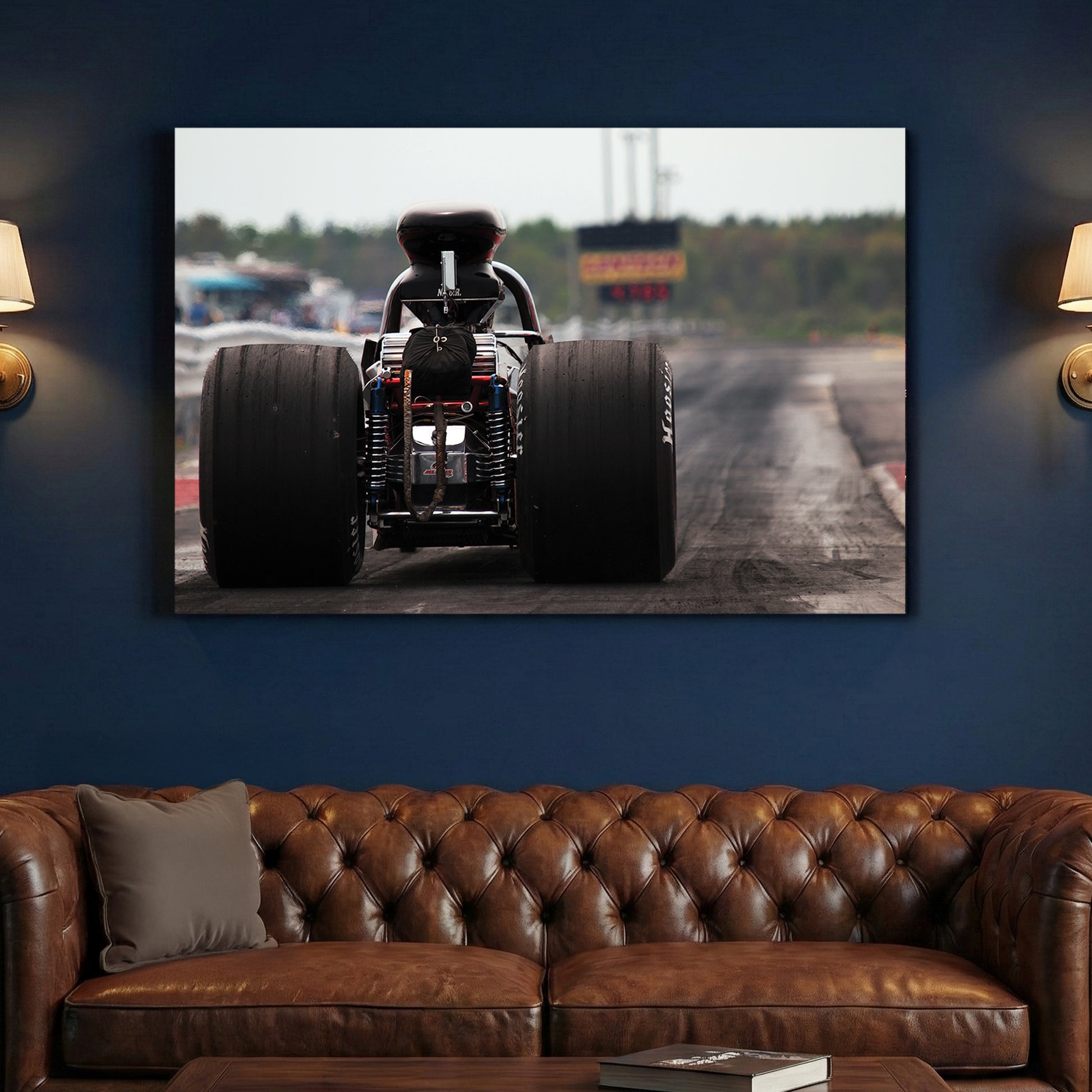 Top Fuel Dragster canvas wall art print above a sofa in a contemporary living room