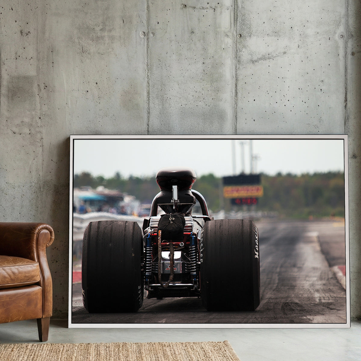 Top Fuel Dragster canvas wall art print displayed in a styled living room