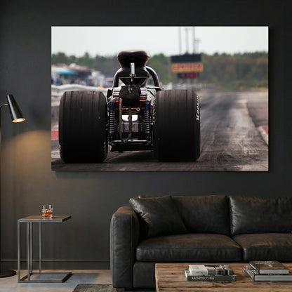 Top Fuel Dragster canvas wall art print displayed in a styled living room