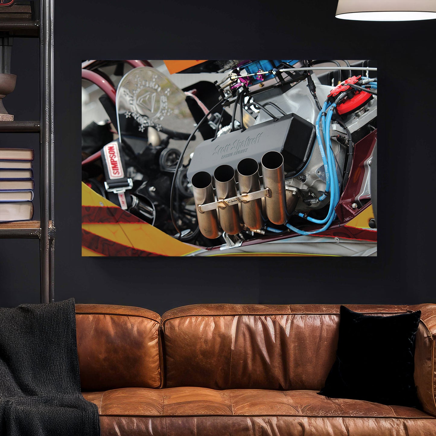 Dragster Engine canvas wall art print styled in a modern interior