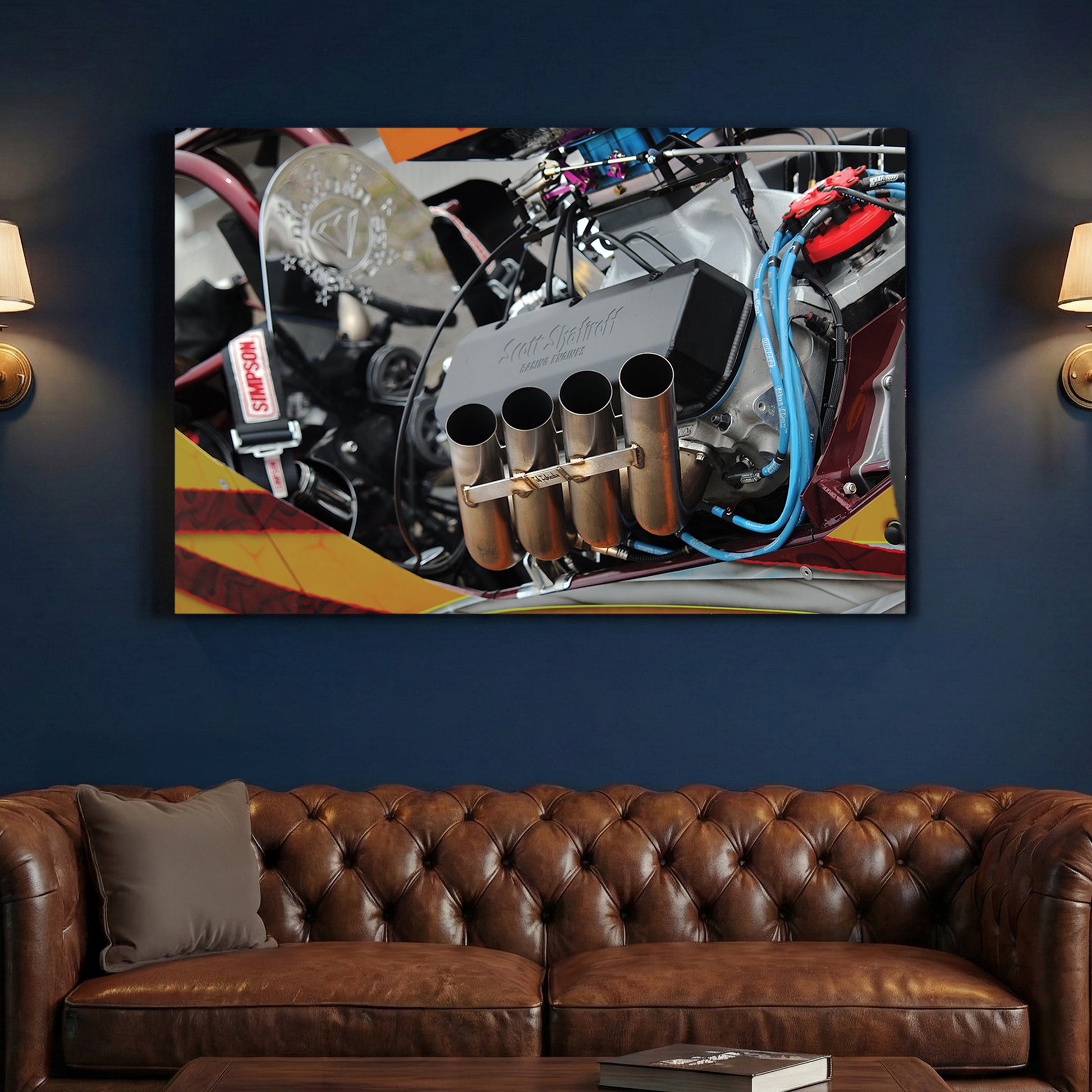 Dragster Engine canvas wall art print above a sofa in a contemporary living room