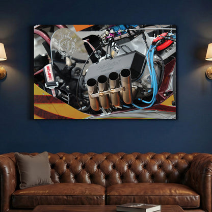 Dragster Engine canvas wall art print above a sofa in a contemporary living room