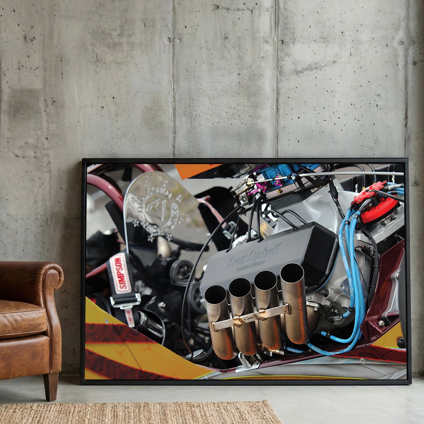 Dragster Engine framed canvas wall art print in a gallery-style display
