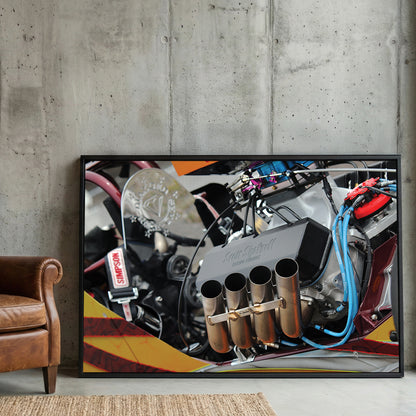 Dragster Engine framed canvas wall art print in a gallery-style display