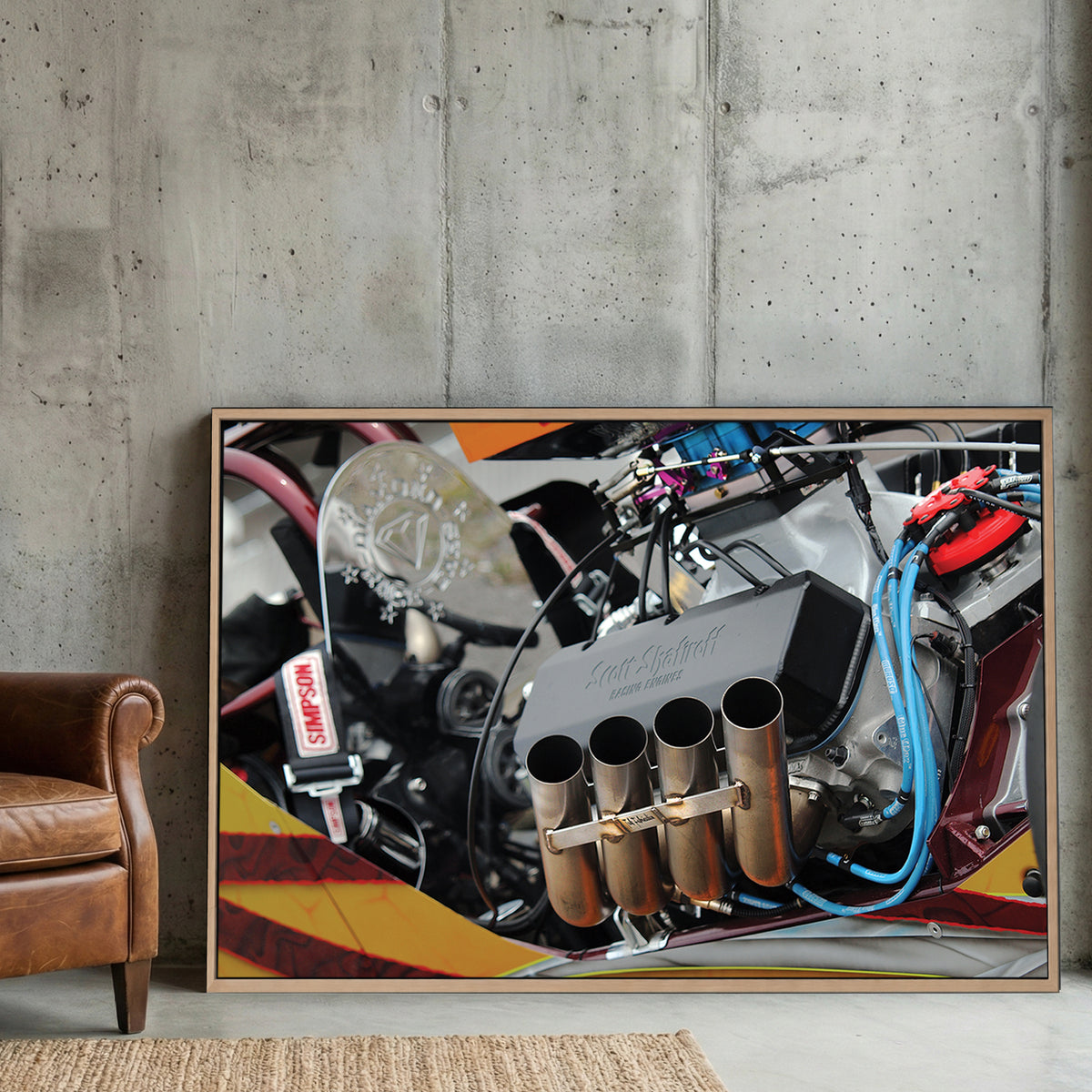 Dragster Engine canvas wall art print displayed in a styled living room