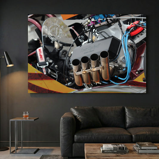 Dragster Engine canvas wall art print displayed in a styled living room