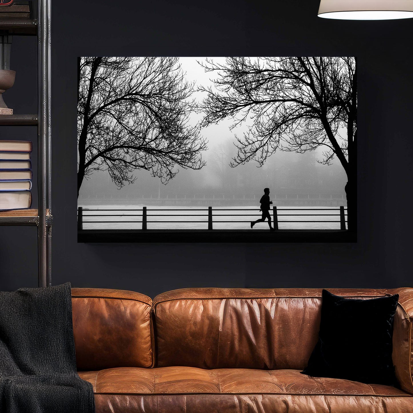 Foggy Morning Jogger Black and White canvas wall art print styled in a modern interior