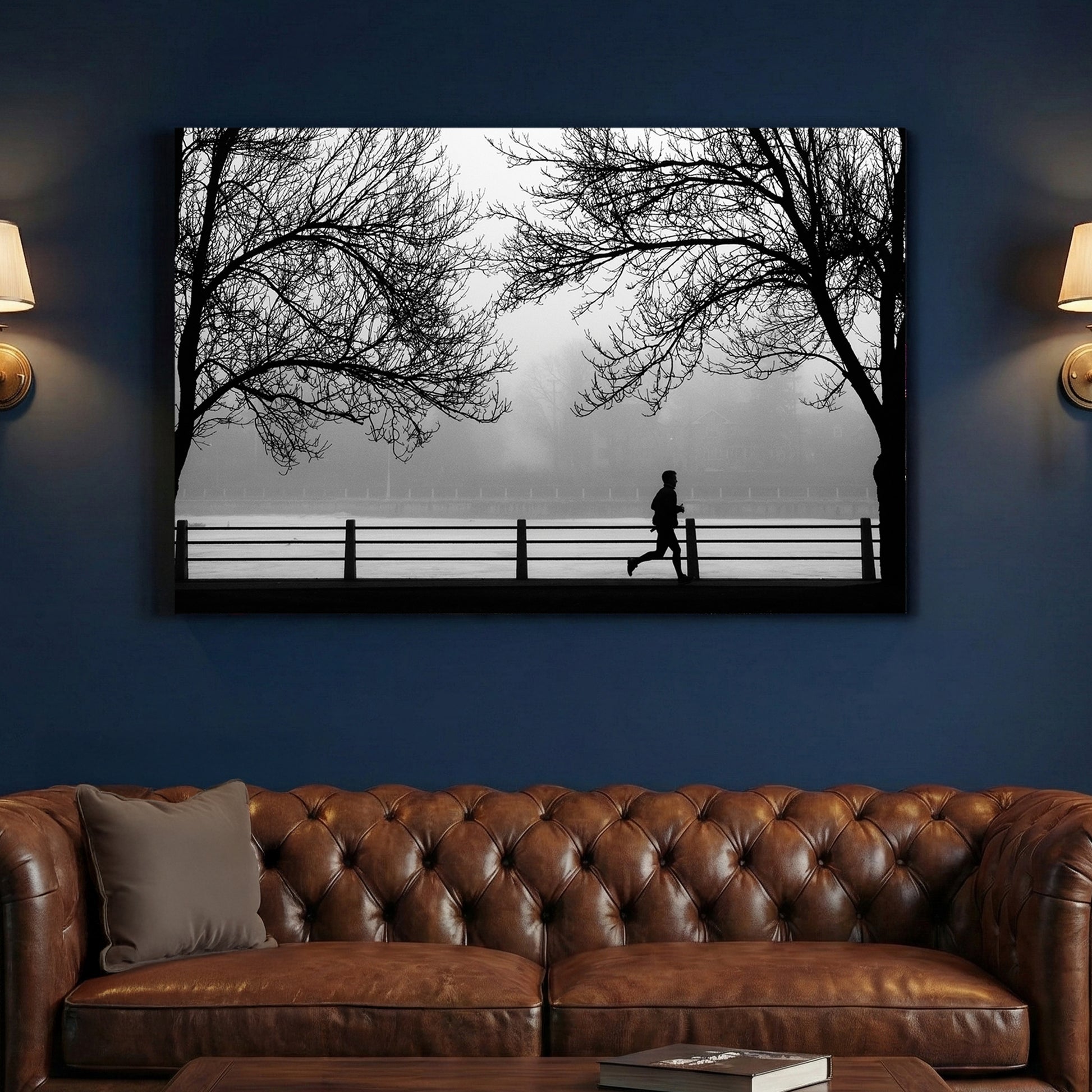 Foggy Morning Jogger Black and White canvas wall art print above a sofa in a contemporary living room