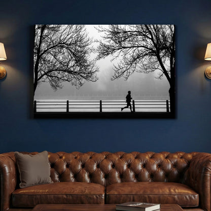 Foggy Morning Jogger Black and White canvas wall art print above a sofa in a contemporary living room
