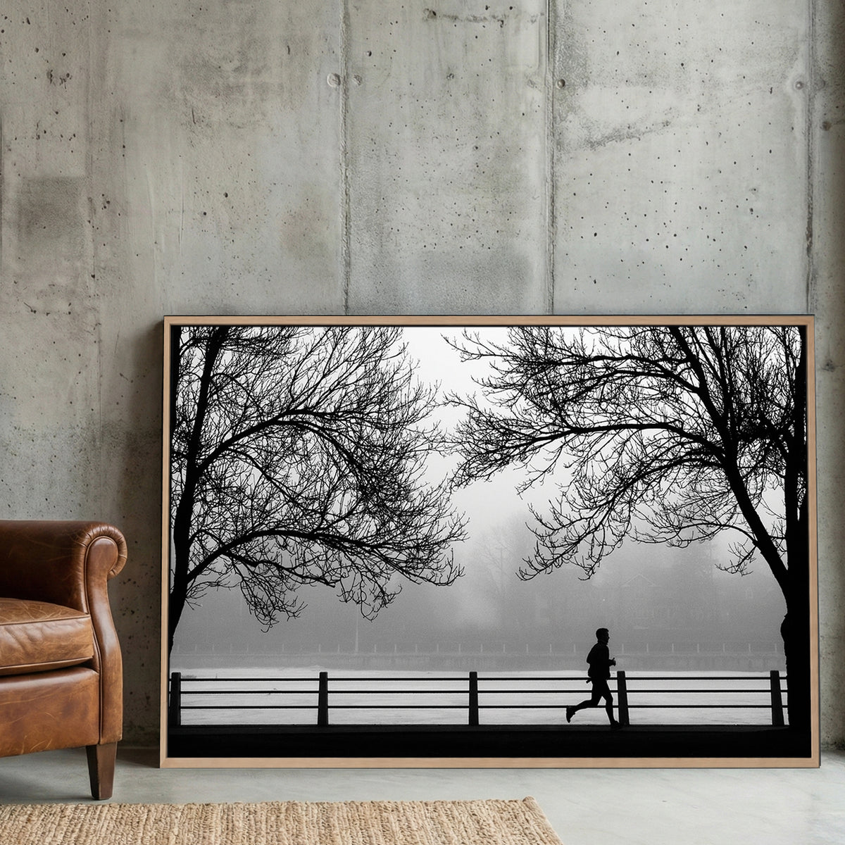 Foggy Morning Jogger Black and White canvas wall art print displayed in a styled living room