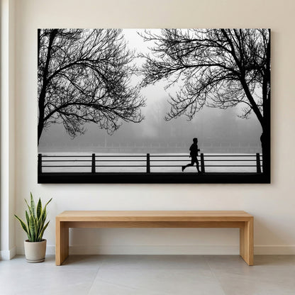 Foggy Morning Jogger Black and White canvas wall art print displayed in a styled living room
