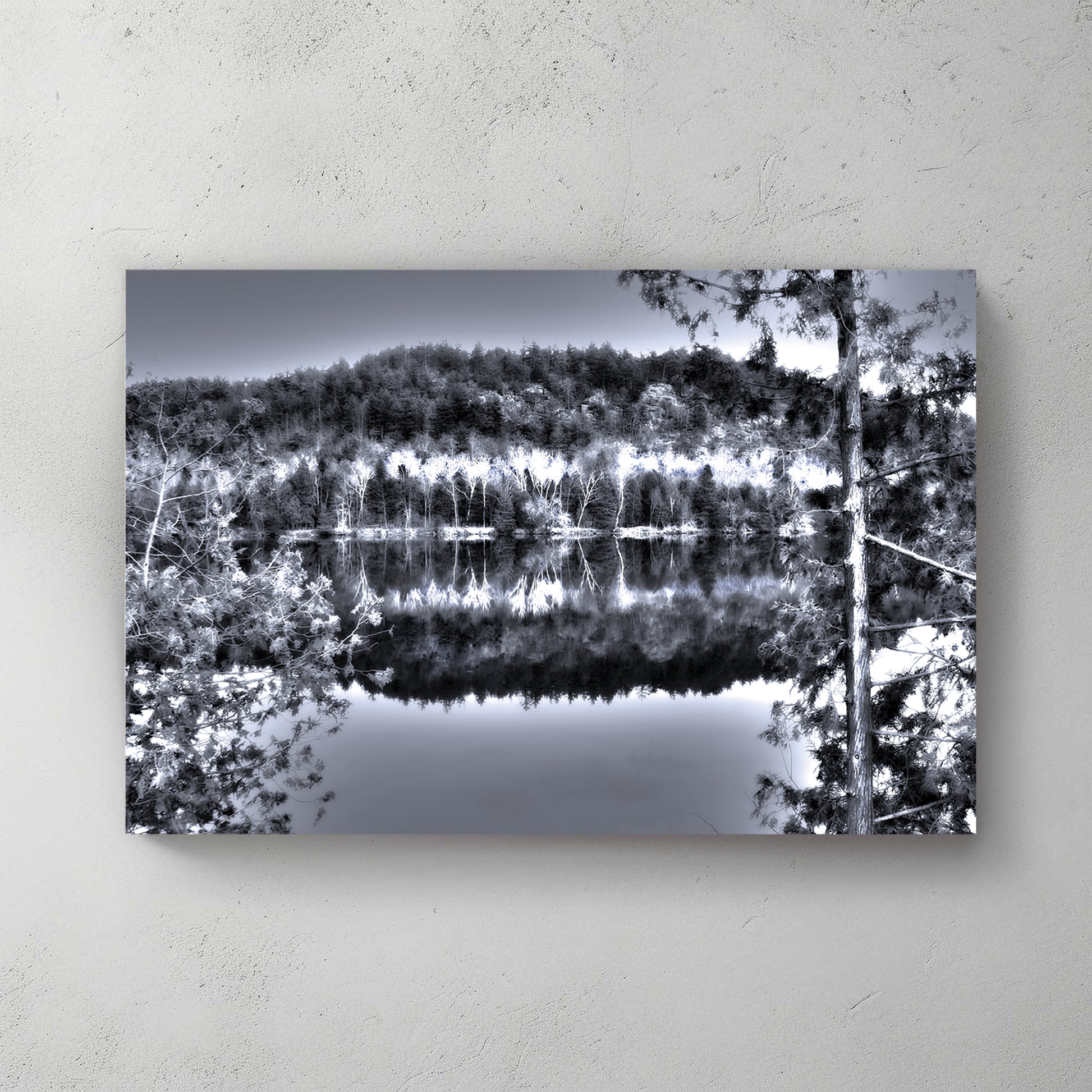 Moody desaturated forest and hillside mirrored in a glass-calm river, cool silvery light — canvas wall art print