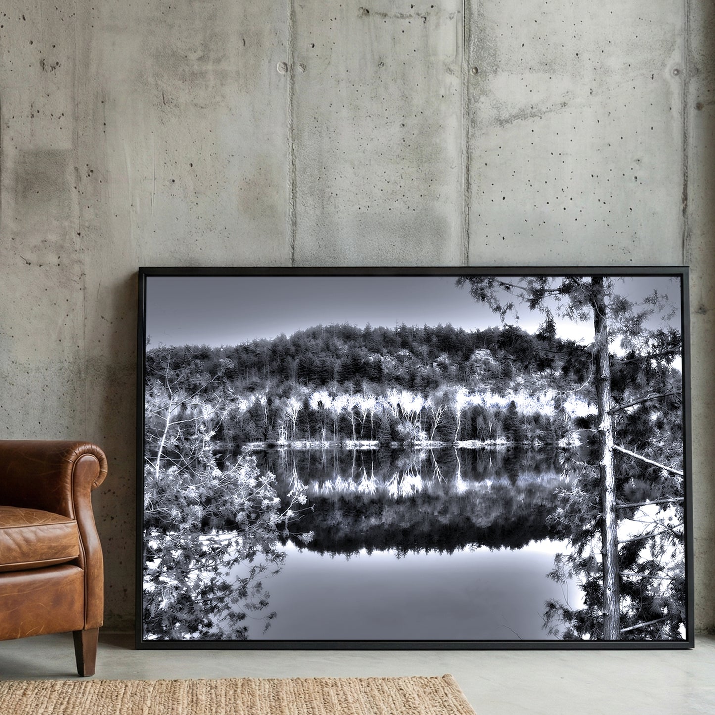 Gatineau River Reflection framed canvas wall art print in a gallery-style display
