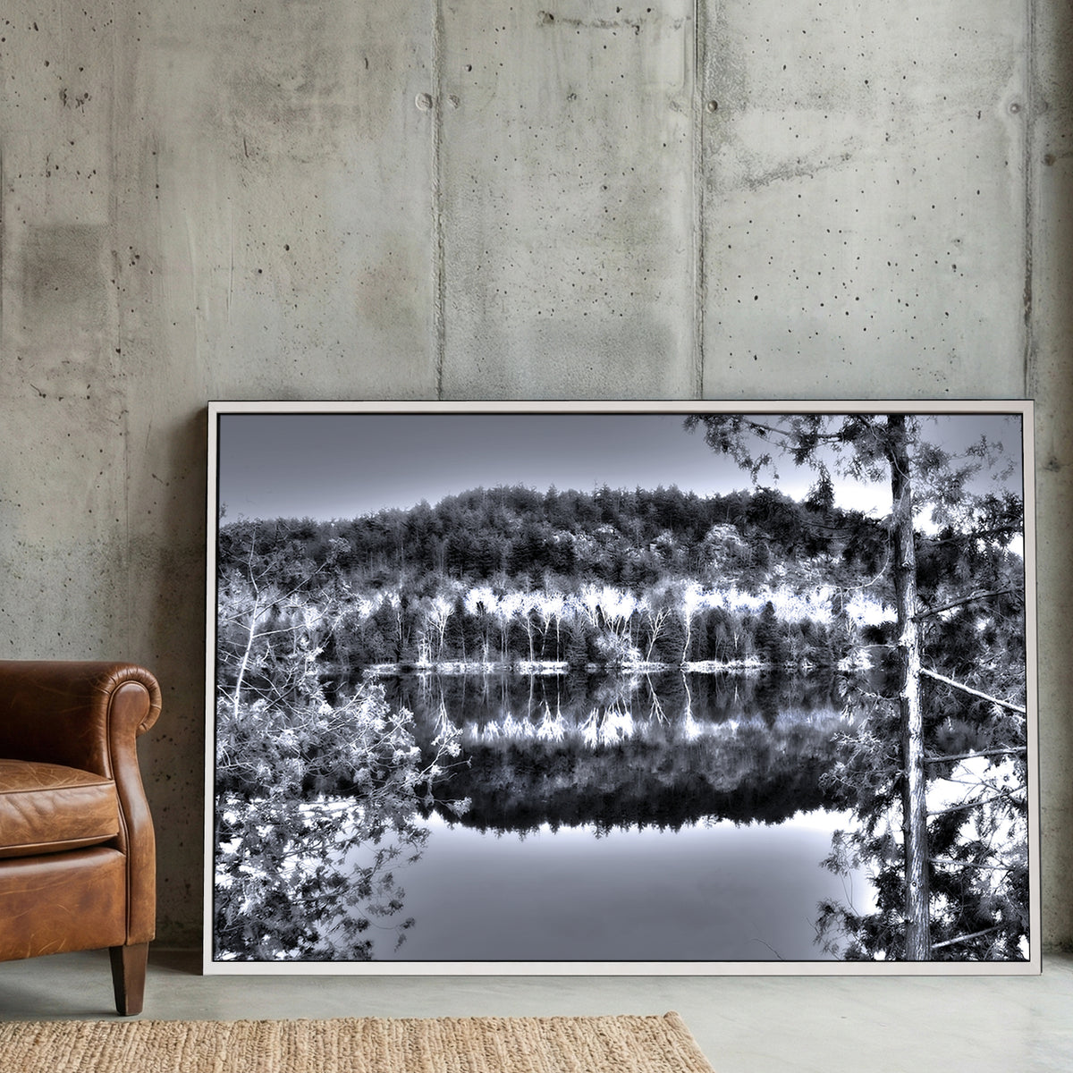 Gatineau River Reflection canvas wall art print displayed in a styled living room