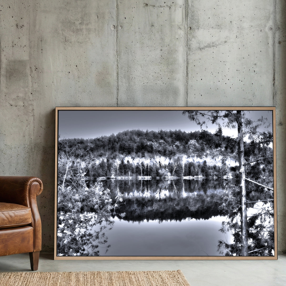 Gatineau River Reflection canvas wall art print displayed in a styled living room