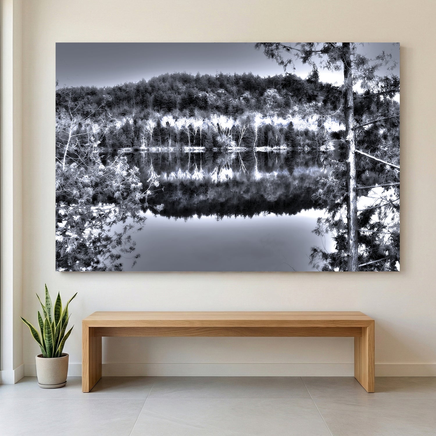 Gatineau River Reflection canvas wall art print displayed in a styled living room