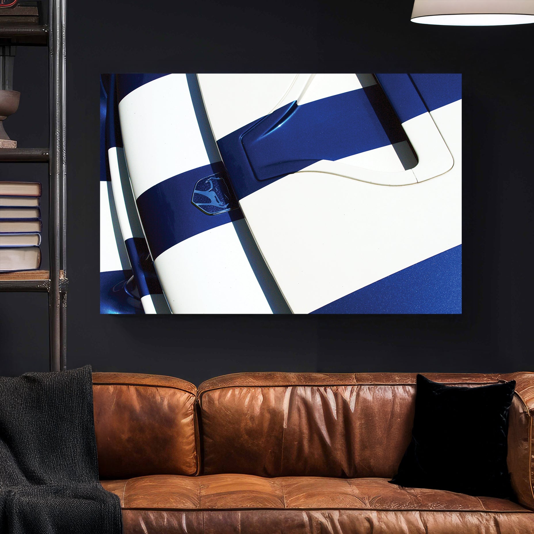 Blue Dodge Viper Hood canvas wall art print styled in a modern interior
