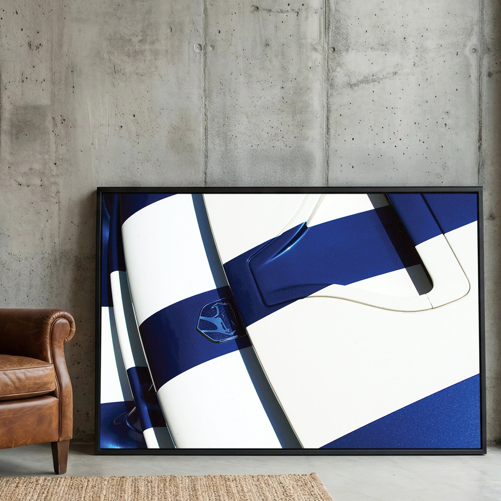 Blue Dodge Viper Hood framed canvas wall art print in a gallery-style display
