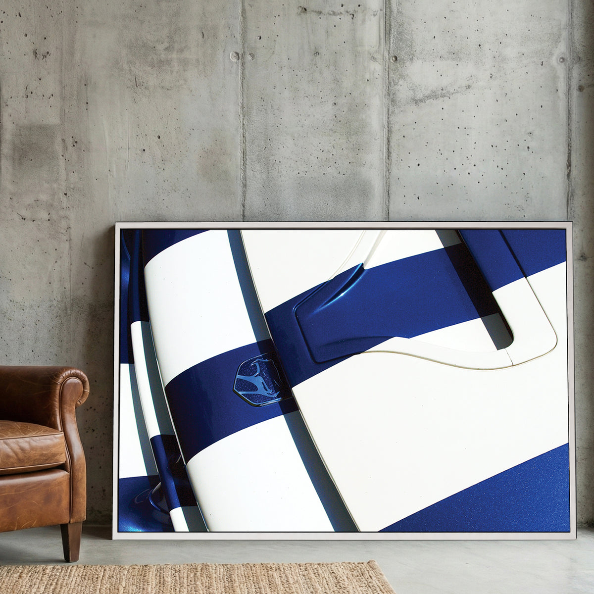 Blue Dodge Viper Hood canvas wall art print displayed in a styled living room