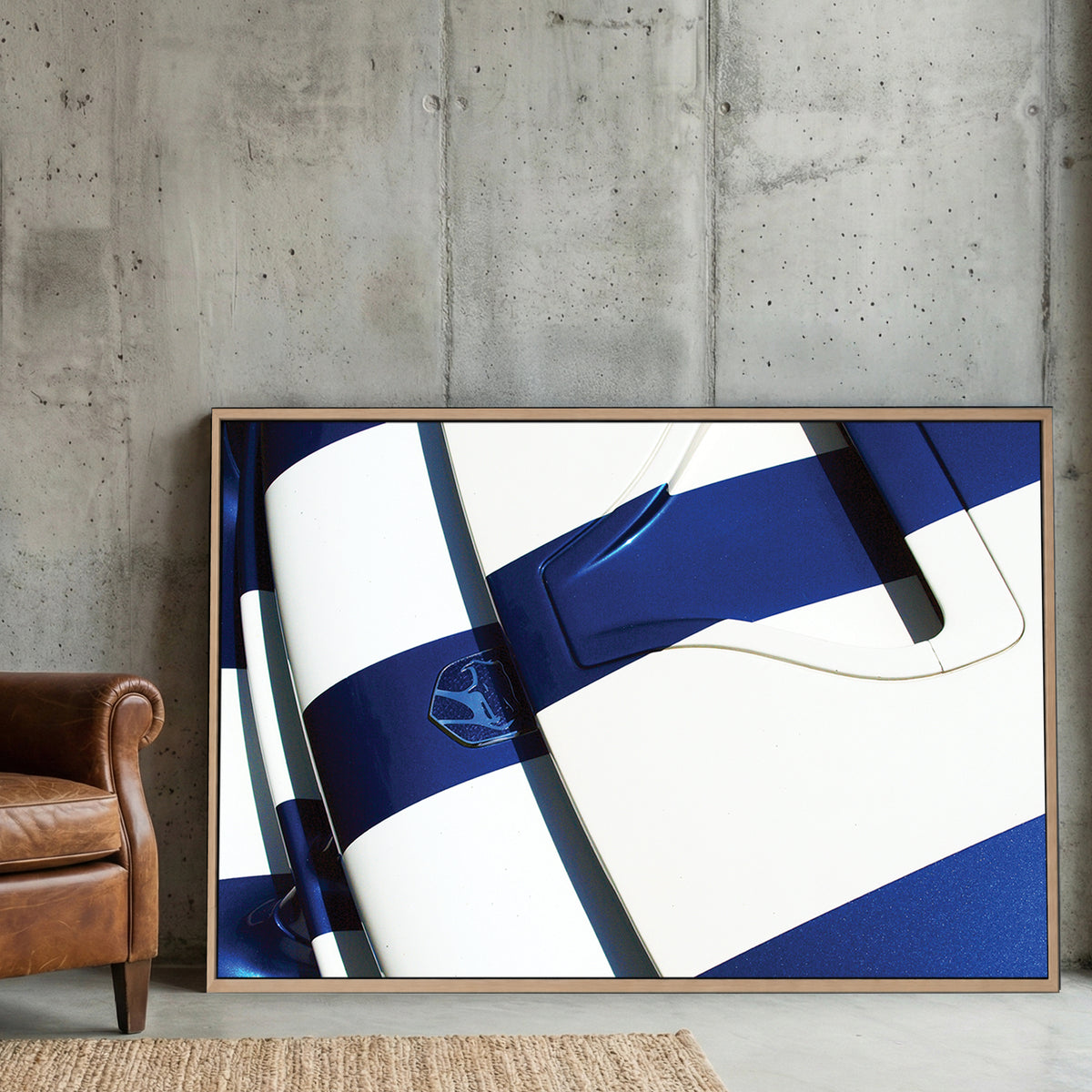 Blue Dodge Viper Hood canvas wall art print displayed in a styled living room