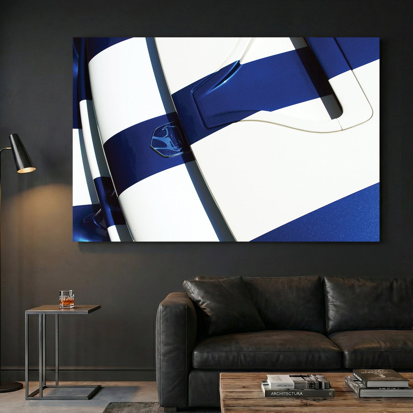 Blue Dodge Viper Hood canvas wall art print displayed in a styled living room