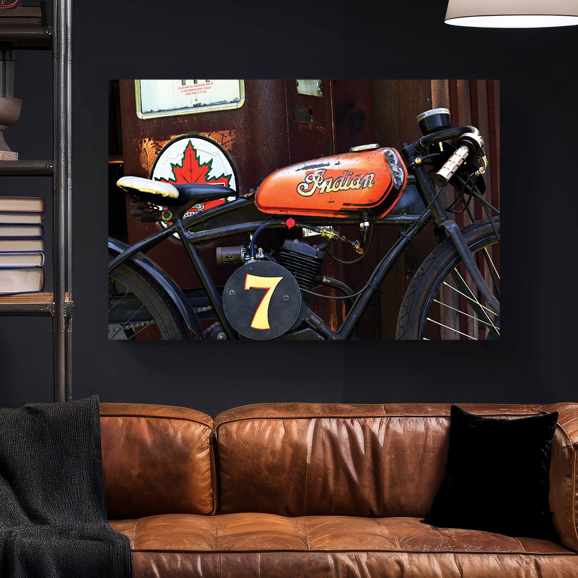 Vintage Indian Motorcycle canvas wall art print styled in a modern interior