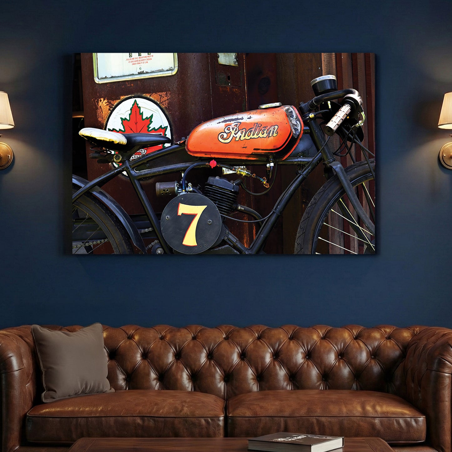 Vintage Indian Motorcycle canvas wall art print above a sofa in a contemporary living room