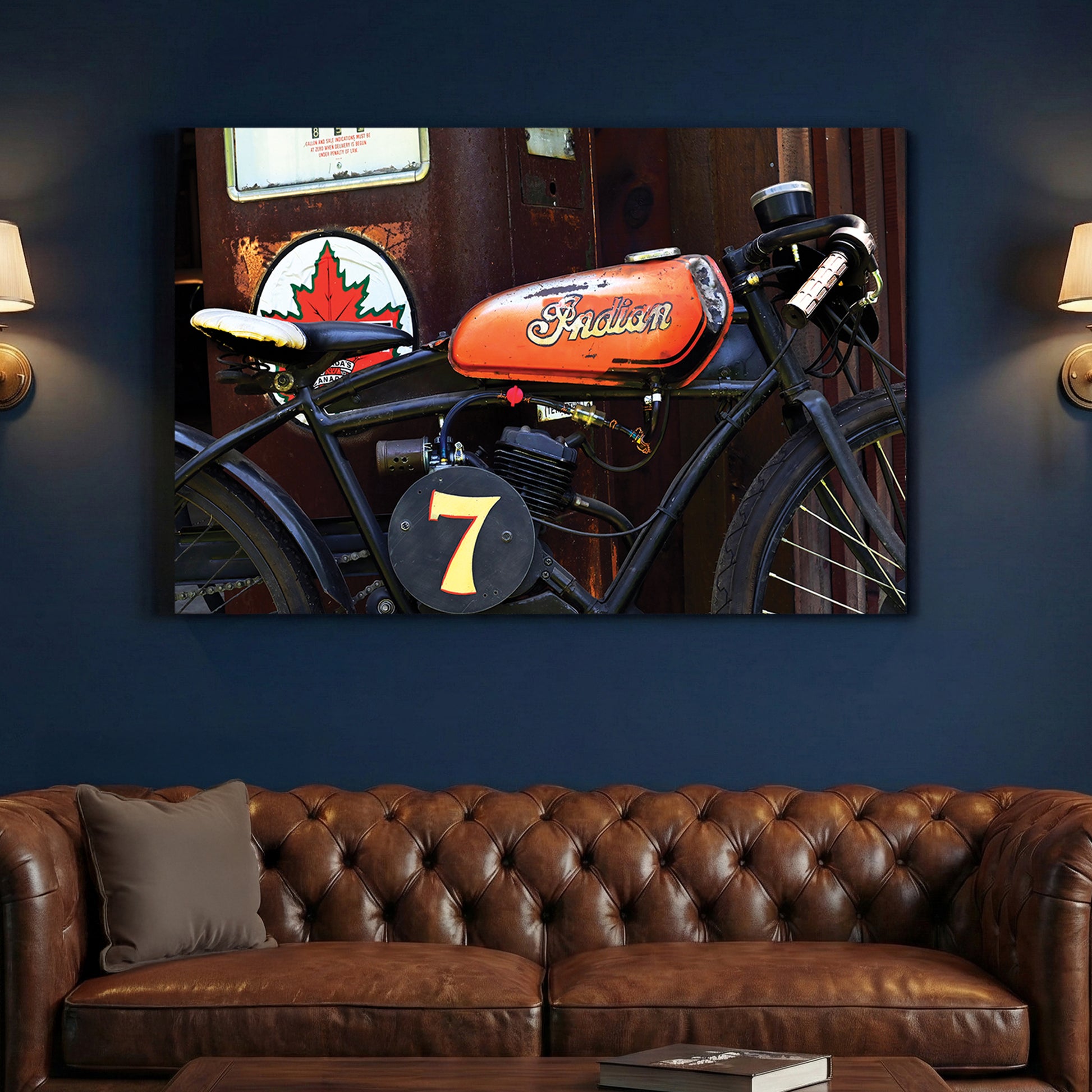 Vintage Indian Motorcycle canvas wall art print above a sofa in a contemporary living room