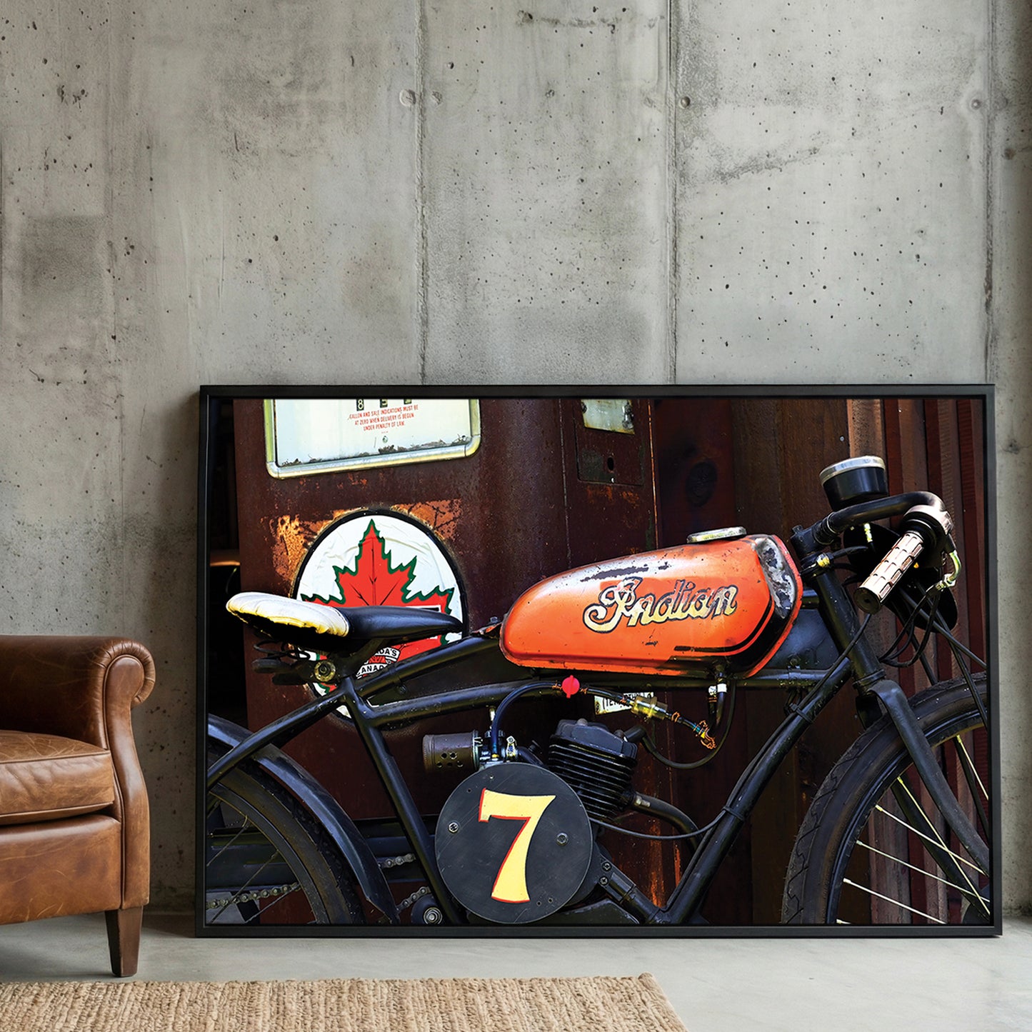 Vintage Indian Motorcycle framed canvas wall art print in a gallery-style display