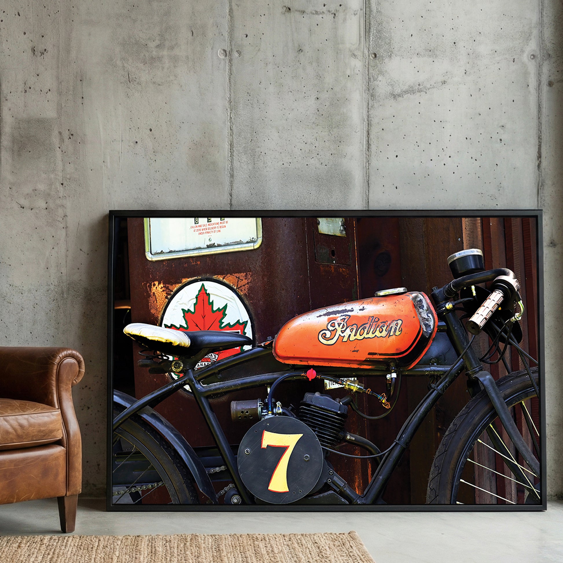 Vintage Indian Motorcycle framed canvas wall art print in a gallery-style display