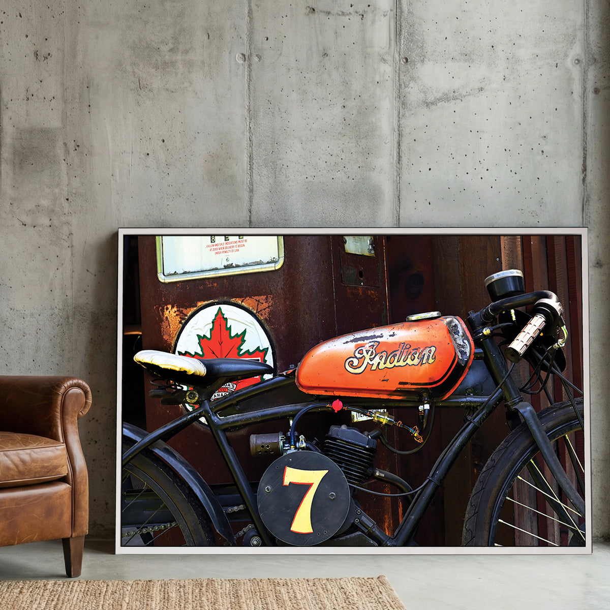 Vintage Indian Motorcycle canvas wall art print displayed in a styled living room