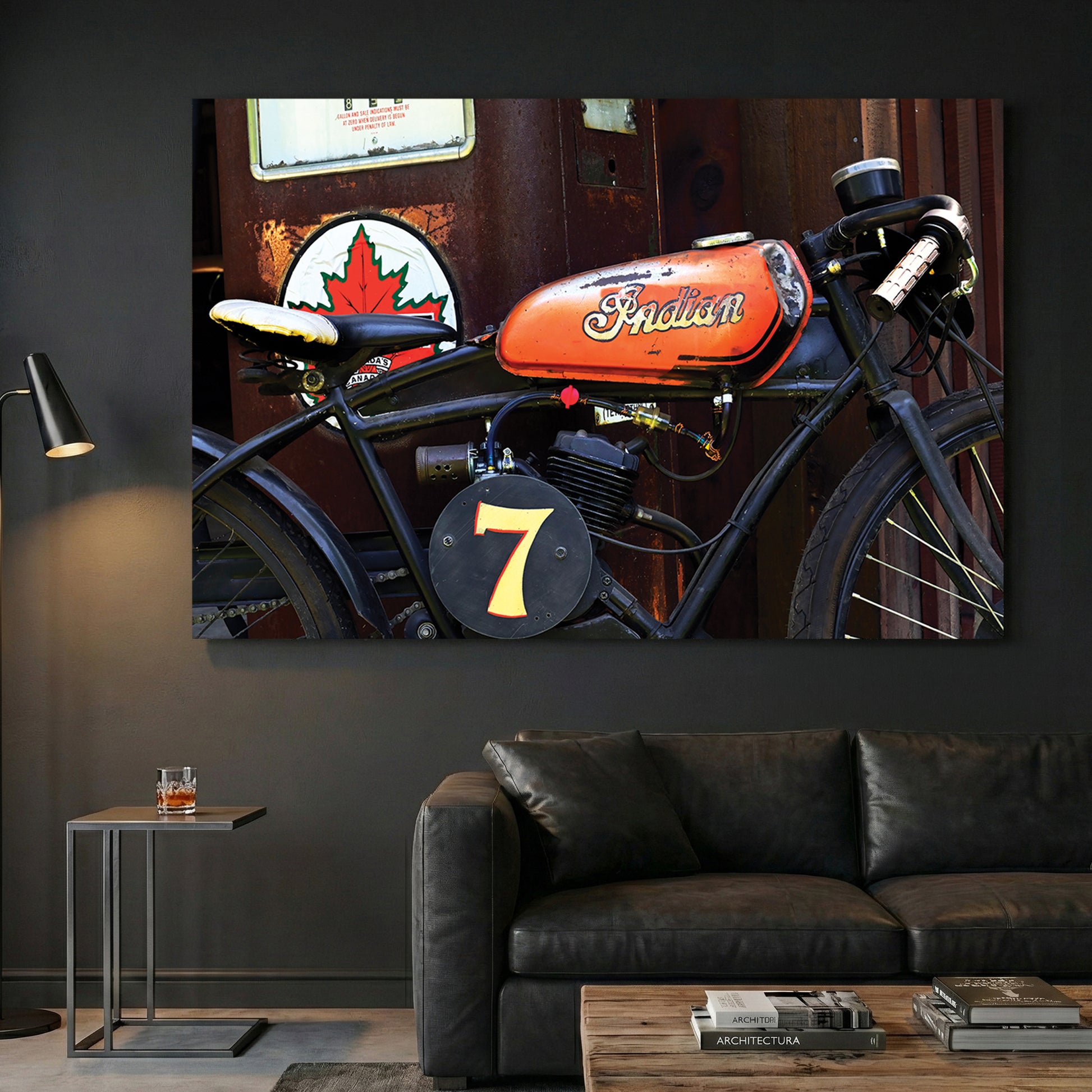 Vintage Indian Motorcycle canvas wall art print displayed in a styled living room