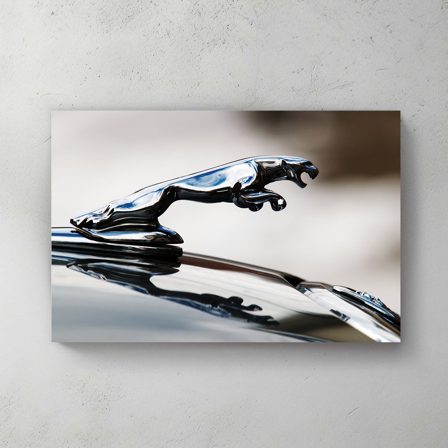 Polished chrome leaping-jaguar hood ornament catching light, soft blurred background — canvas wall art print