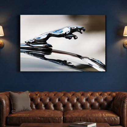 Jaguar Hood Ornament canvas wall art print above a sofa in a contemporary living room