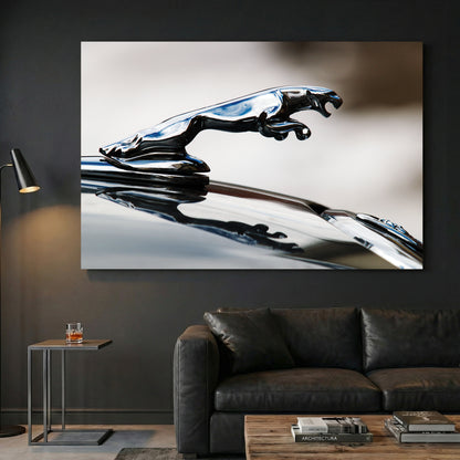 Jaguar Hood Ornament canvas wall art print displayed in a styled living room