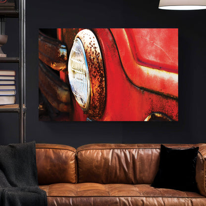 Rustic Fire Truck Headlight canvas wall art print styled in a modern interior