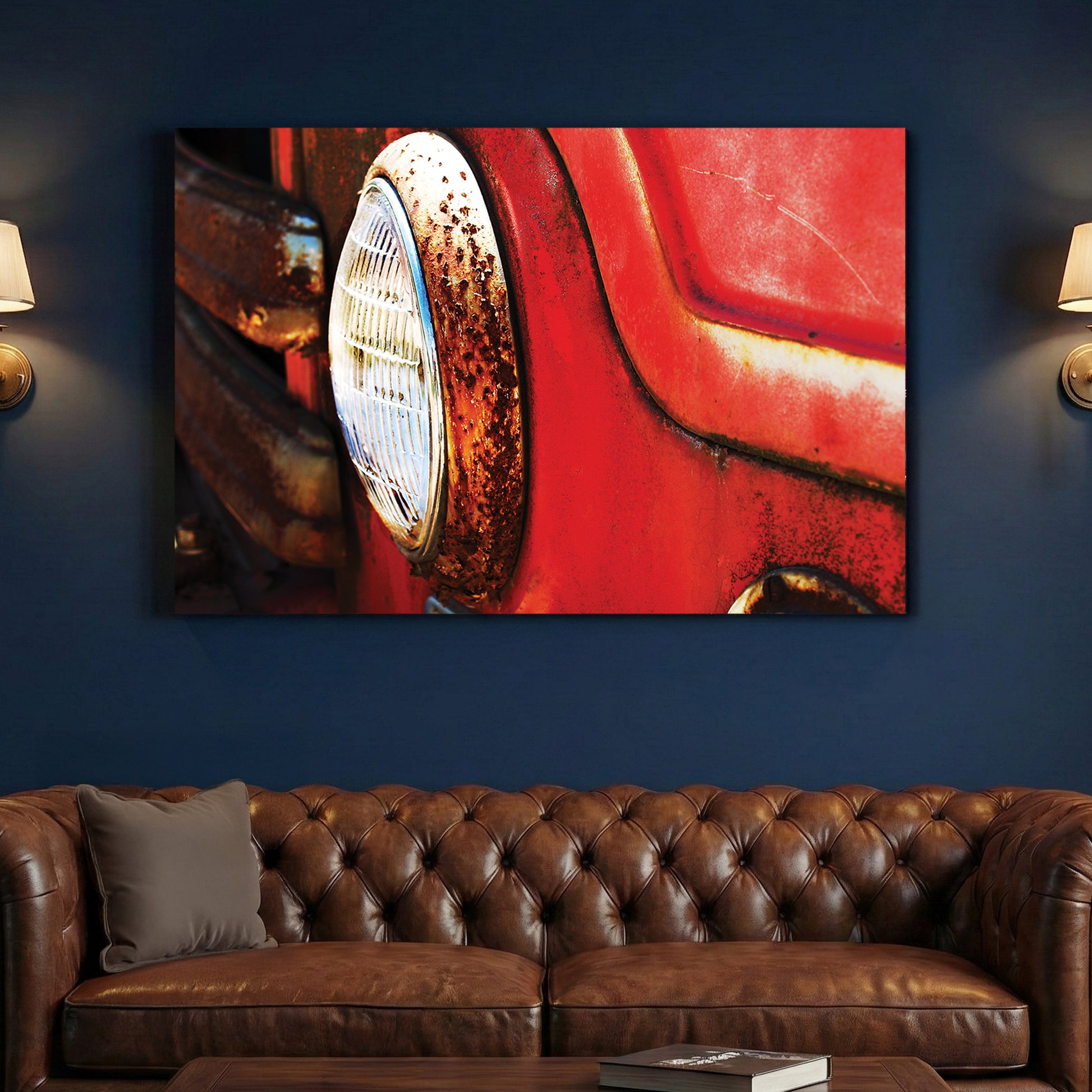 Rustic Fire Truck Headlight canvas wall art print above a sofa in a contemporary living room