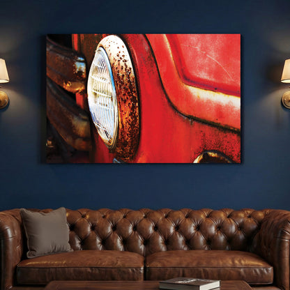 Rustic Fire Truck Headlight canvas wall art print above a sofa in a contemporary living room